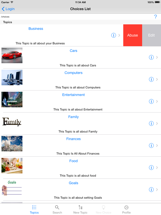 iPad Choice Topics Options Screen