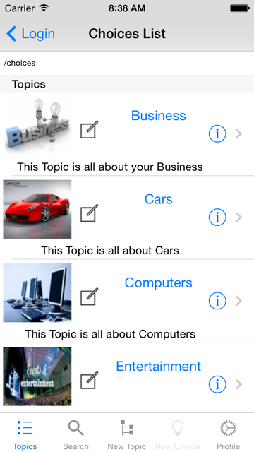 iPhone Choice Topics Screen